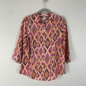 NWT Chico's‎ No Iron Linen Shirt Size 0/ S Colorful Diamond Print 3/4 Sleeve Top